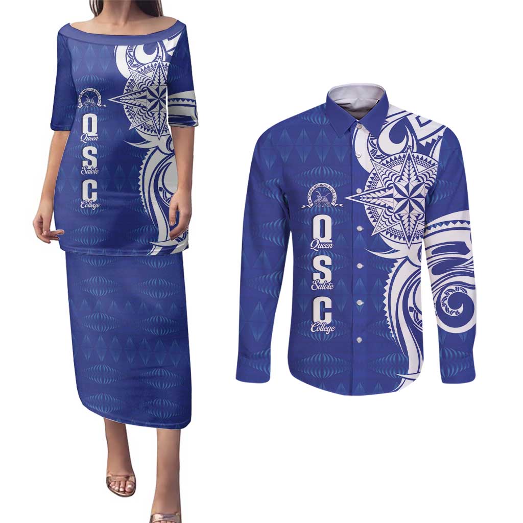 Personalised Queen Salote College Couples Matching Puletasi and Long Sleeve Button Shirt QSC Est 1926 Ngatu Pattern - Polynesian Pride