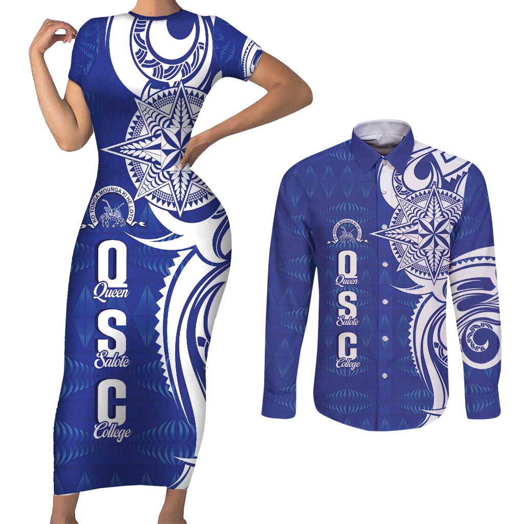 Personalised Queen Salote College Couples Matching Short Sleeve Bodycon Dress and Long Sleeve Button Shirt QSC Est 1926 Ngatu Pattern - Polynesian Pride
