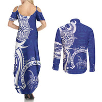 Personalised Queen Salote College Couples Matching Summer Maxi Dress and Long Sleeve Button Shirt QSC Est 1926 Ngatu Pattern - Polynesian Pride