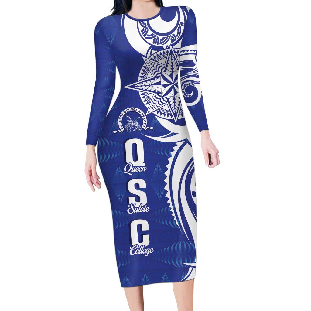 Personalised Queen Salote College Long Sleeve Bodycon Dress QSC Est 1926 Ngatu Pattern - Polynesian Pride