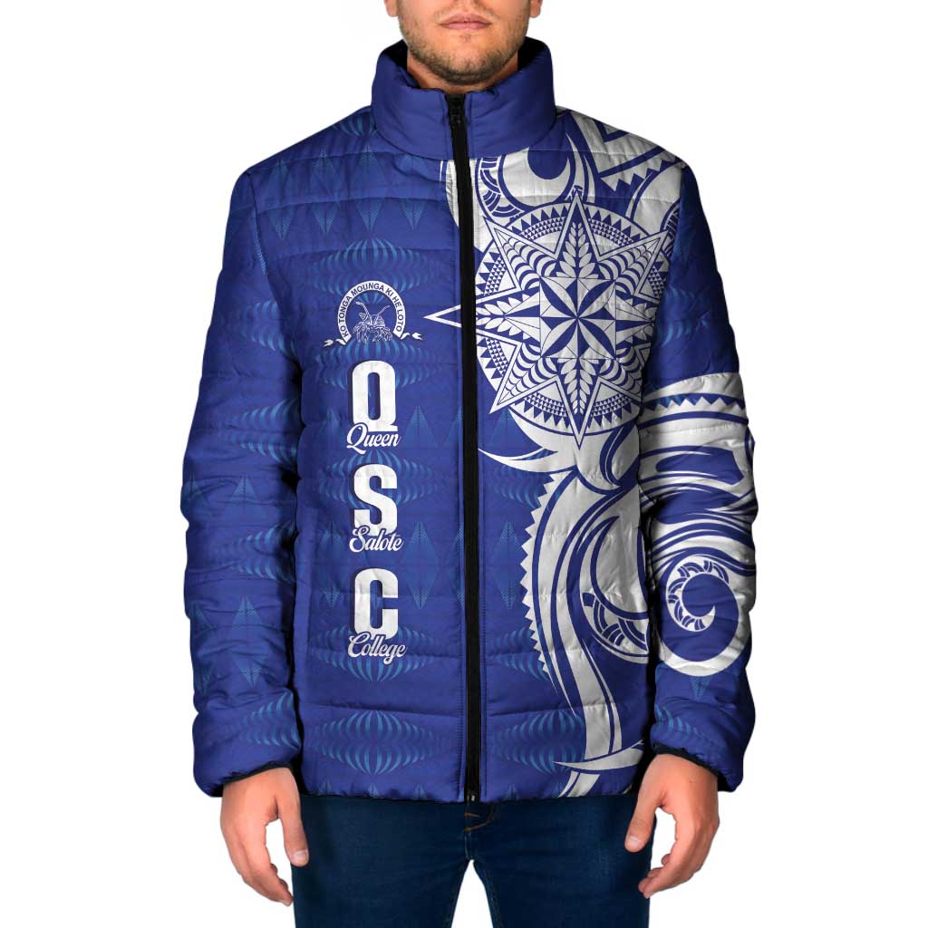 Personalised Queen Salote College Padded Jacket QSC Est 1926 Ngatu Pattern LT14 Men Blue - Polynesian Pride