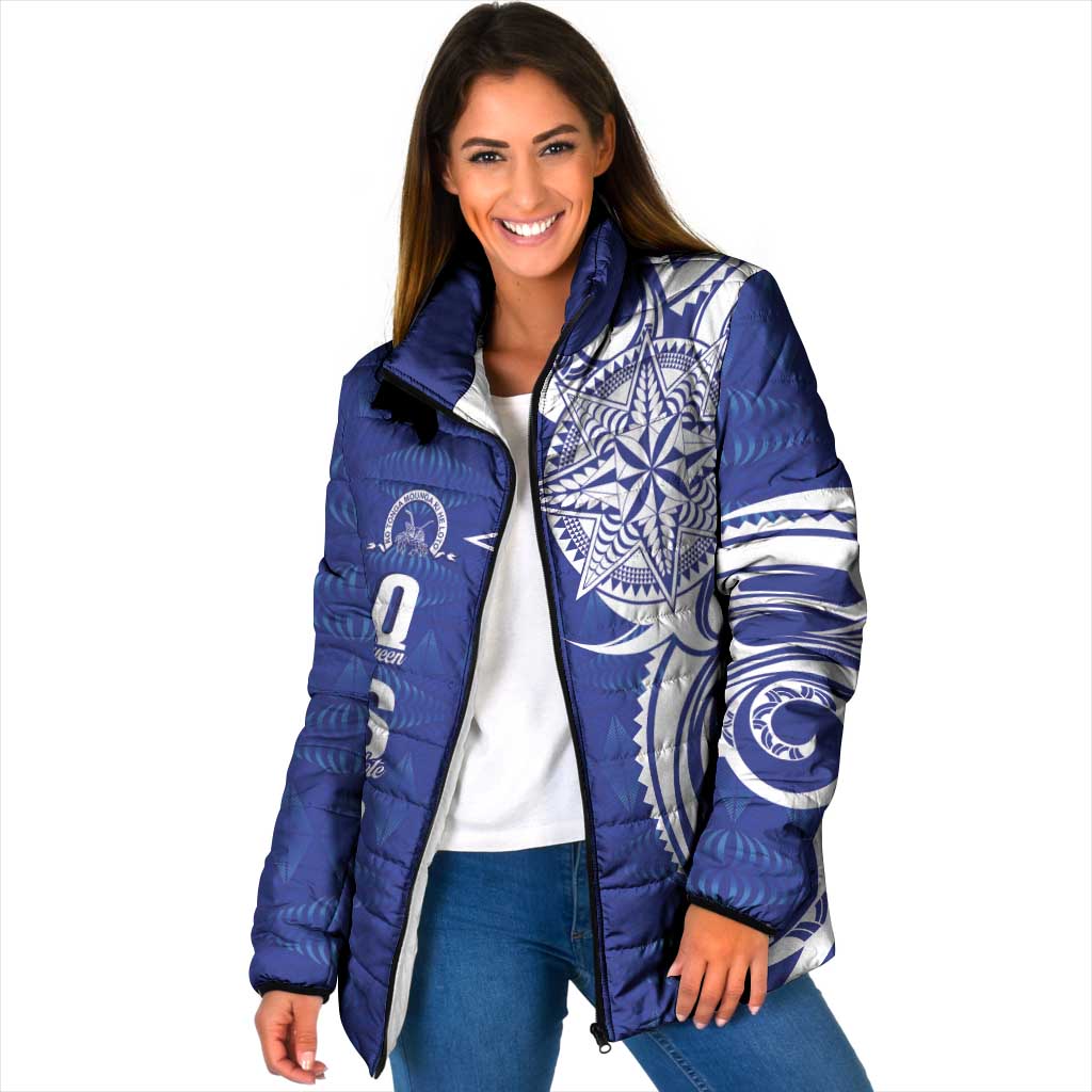 Personalised Queen Salote College Padded Jacket QSC Est 1926 Ngatu Pattern LT14 Women Blue - Polynesian Pride