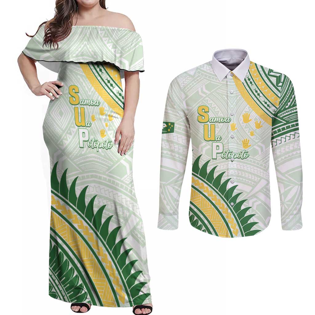 Personalised Samoa Ua Potopoto Couples Matching Off Shoulder Maxi Dress and Long Sleeve Button Shirt SUP Est 2025 Samoan Pattern - Polynesian Pride