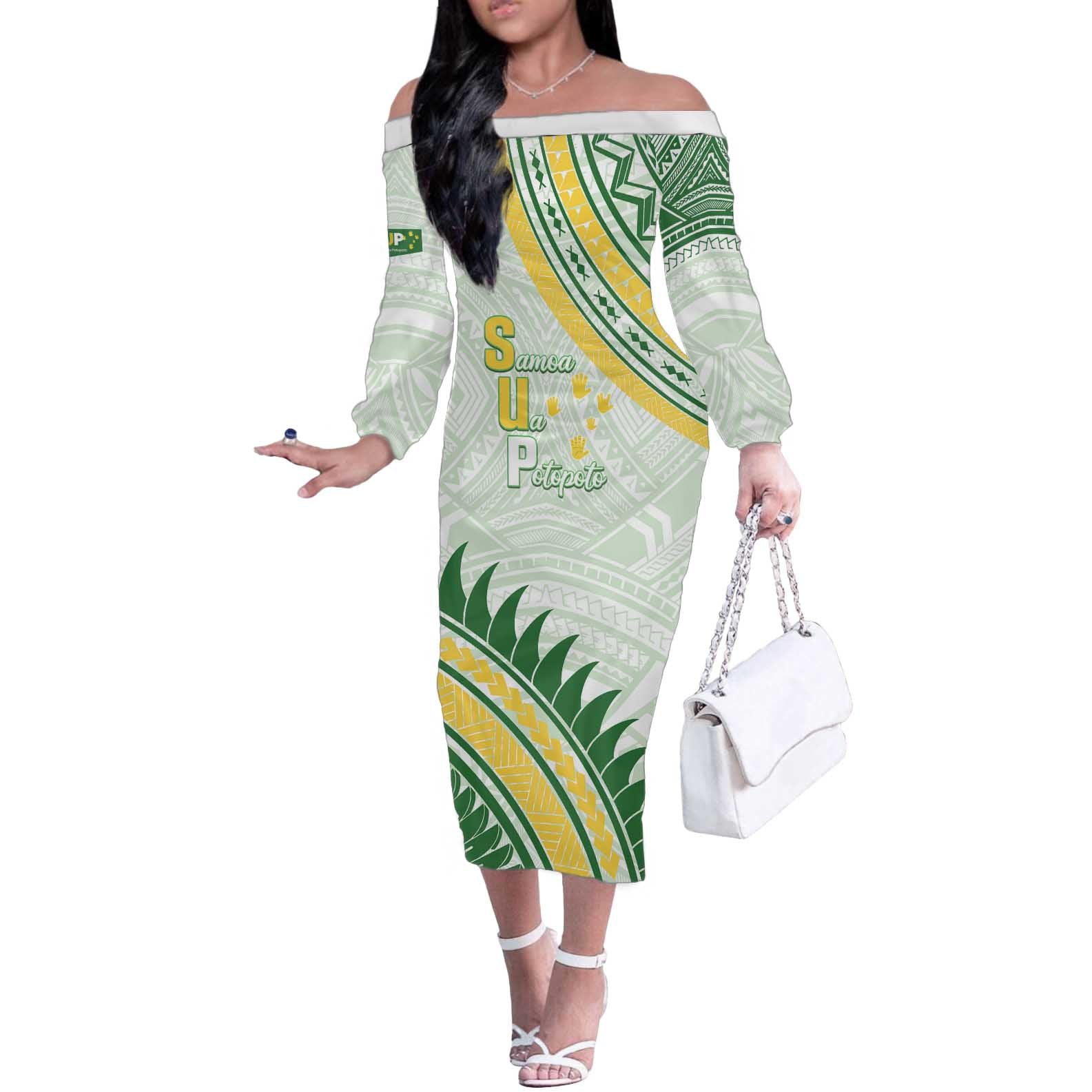 Personalised Samoa Ua Potopoto Off The Shoulder Long Sleeve Dress SUP Est 2025 Samoan Pattern - Polynesian Pride