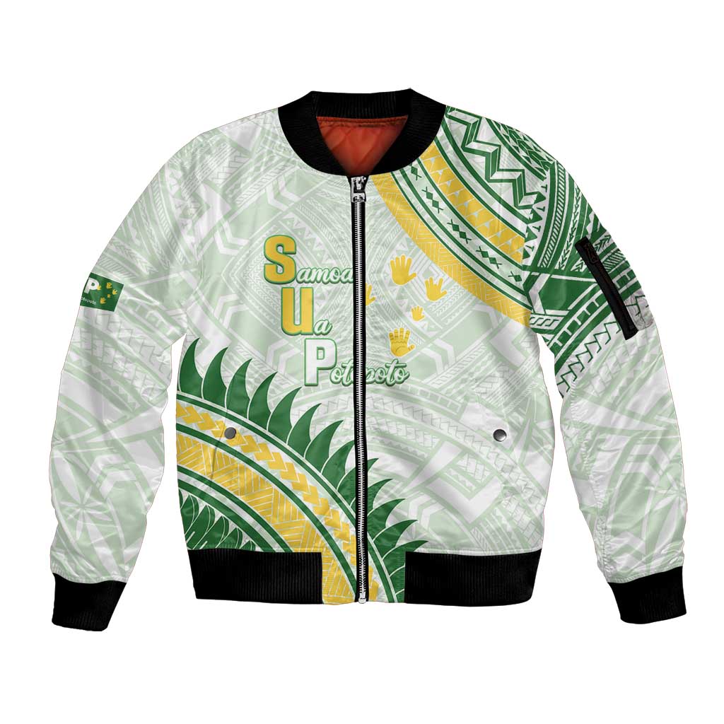Personalised Samoa Ua Potopoto Sleeve Zip Bomber Jacket SUP Est 2025 Samoan Pattern LT14 Unisex White - Polynesian Pride