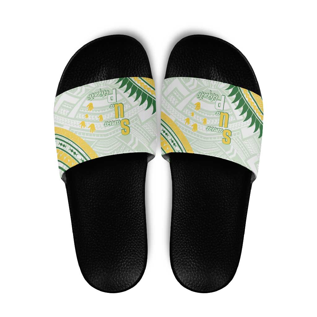 Samoa Ua Potopoto Slide Sandals SUP Est 2025 Samoan Pattern LT14 White - Polynesian Pride