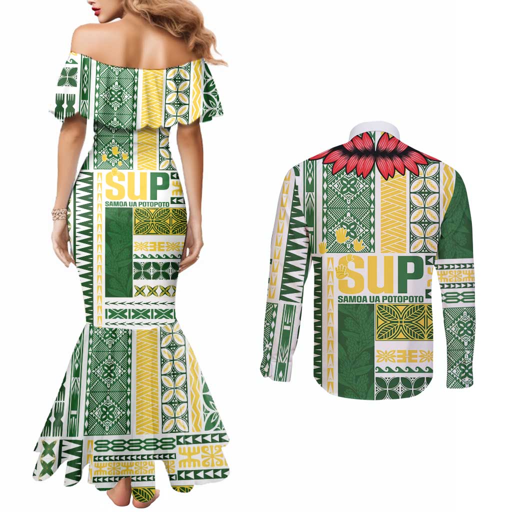 Samoa Uniting Party Couples Matching Mermaid Dress and Long Sleeve Button Shirt SUP Est 2025 Siapo Pattern - Polynesian Pride