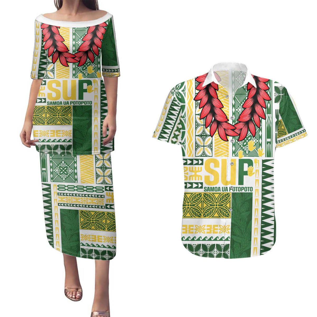 Samoa Uniting Party Couples Matching Puletasi and Hawaiian Shirt SUP Est 2025 Siapo Pattern - Polynesian Pride