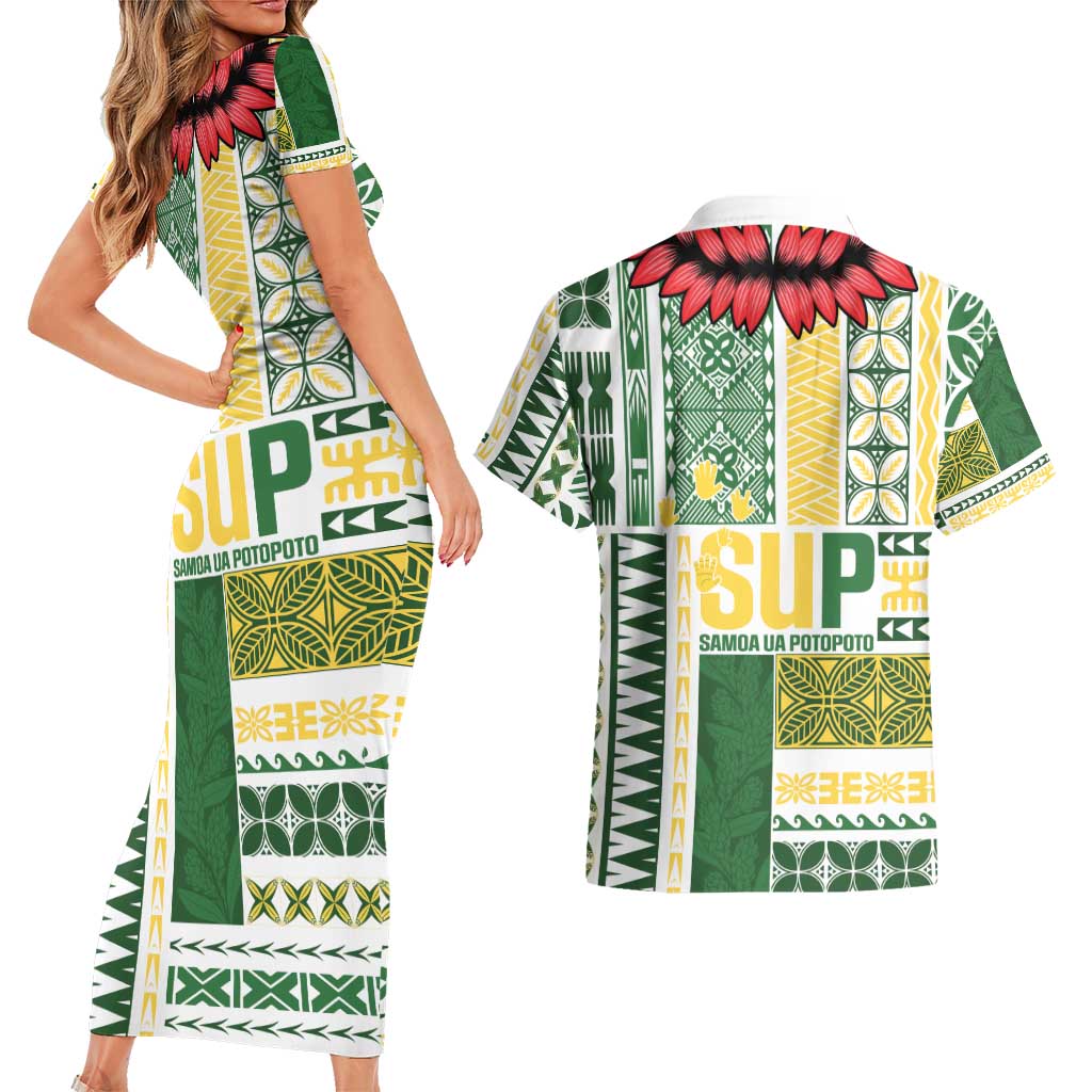 Samoa Uniting Party Couples Matching Short Sleeve Bodycon Dress and Hawaiian Shirt SUP Est 2025 Siapo Pattern - Polynesian Pride