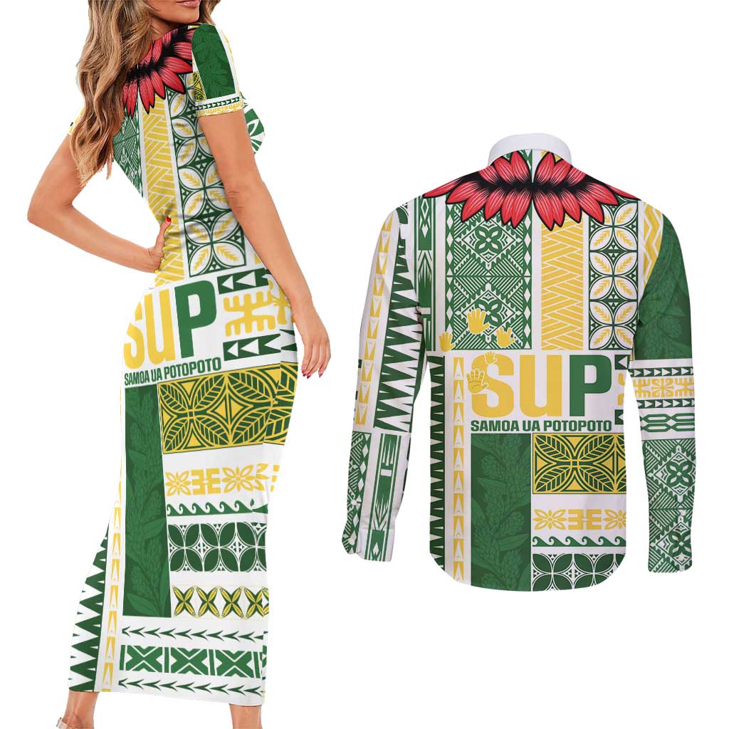 Samoa Uniting Party Couples Matching Short Sleeve Bodycon Dress and Long Sleeve Button Shirt SUP Est 2025 Siapo Pattern - Polynesian Pride