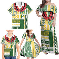 Samoa Uniting Party Family Matching Off Shoulder Maxi Dress and Hawaiian Shirt SUP Est 2025 Siapo Pattern - Polynesian Pride