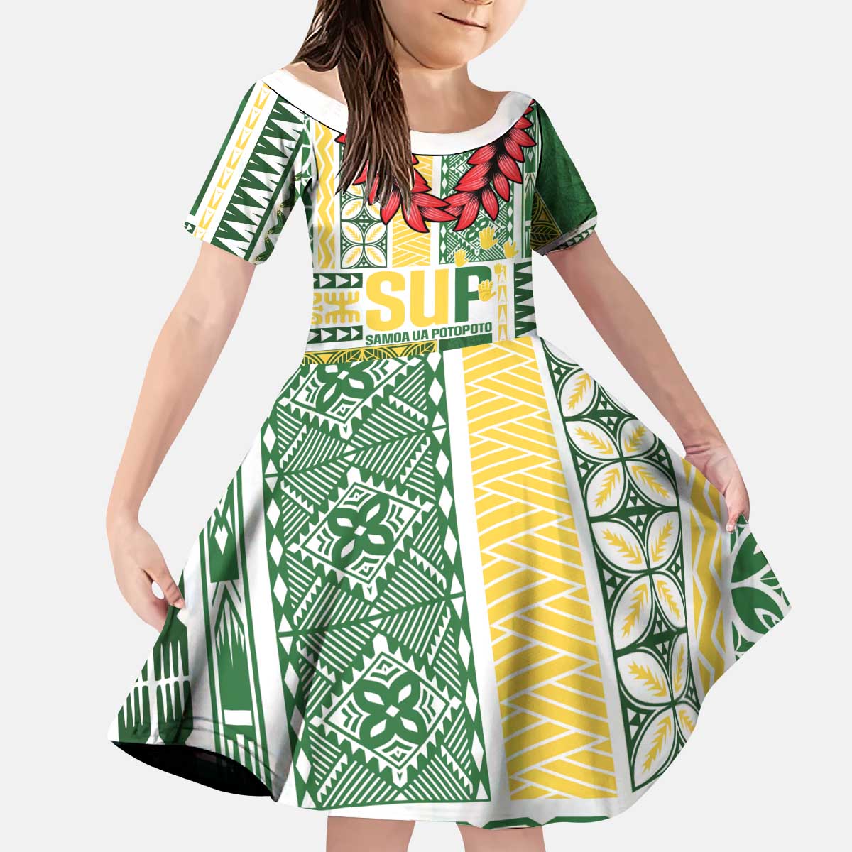Samoa Uniting Party Kid Short Sleeve Dress SUP Est 2025 Siapo Pattern - Polynesian Pride