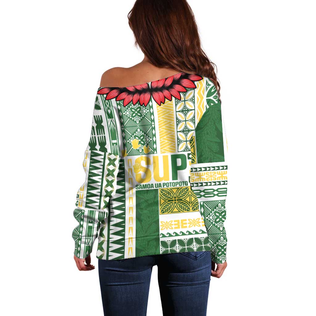 Samoa Uniting Party Off Shoulder Sweater SUP Est 2025 Siapo Pattern - Polynesian Pride
