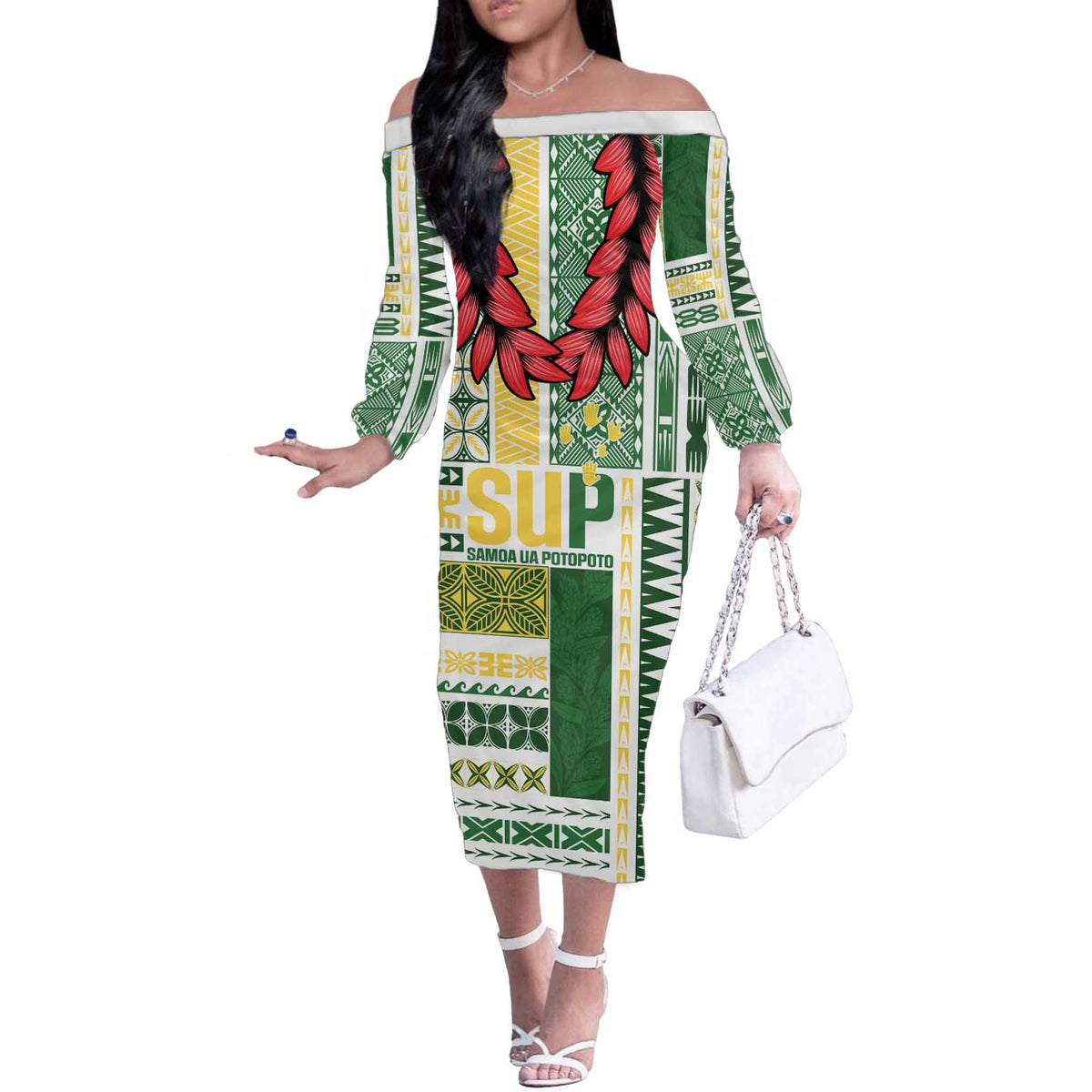 Samoa Uniting Party Off The Shoulder Long Sleeve Dress SUP Est 2025 Siapo Pattern - Polynesian Pride