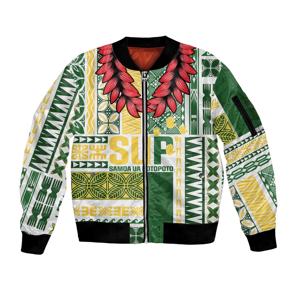 Samoa Uniting Party Sleeve Zip Bomber Jacket SUP Est 2025 Siapo Pattern LT14 Unisex White - Polynesian Pride