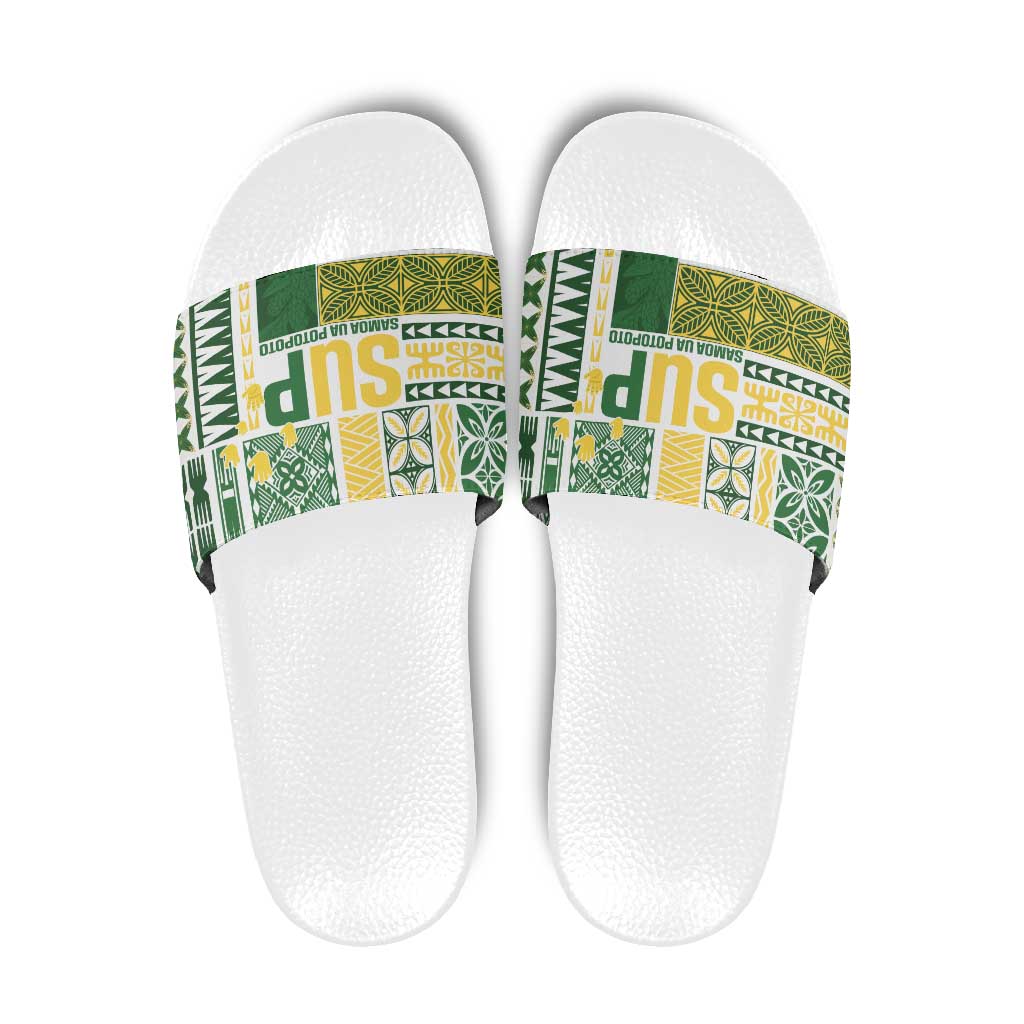 Samoa Uniting Party Slide Sandals SUP Est 2025 Siapo Pattern LT14 White - Polynesian Pride