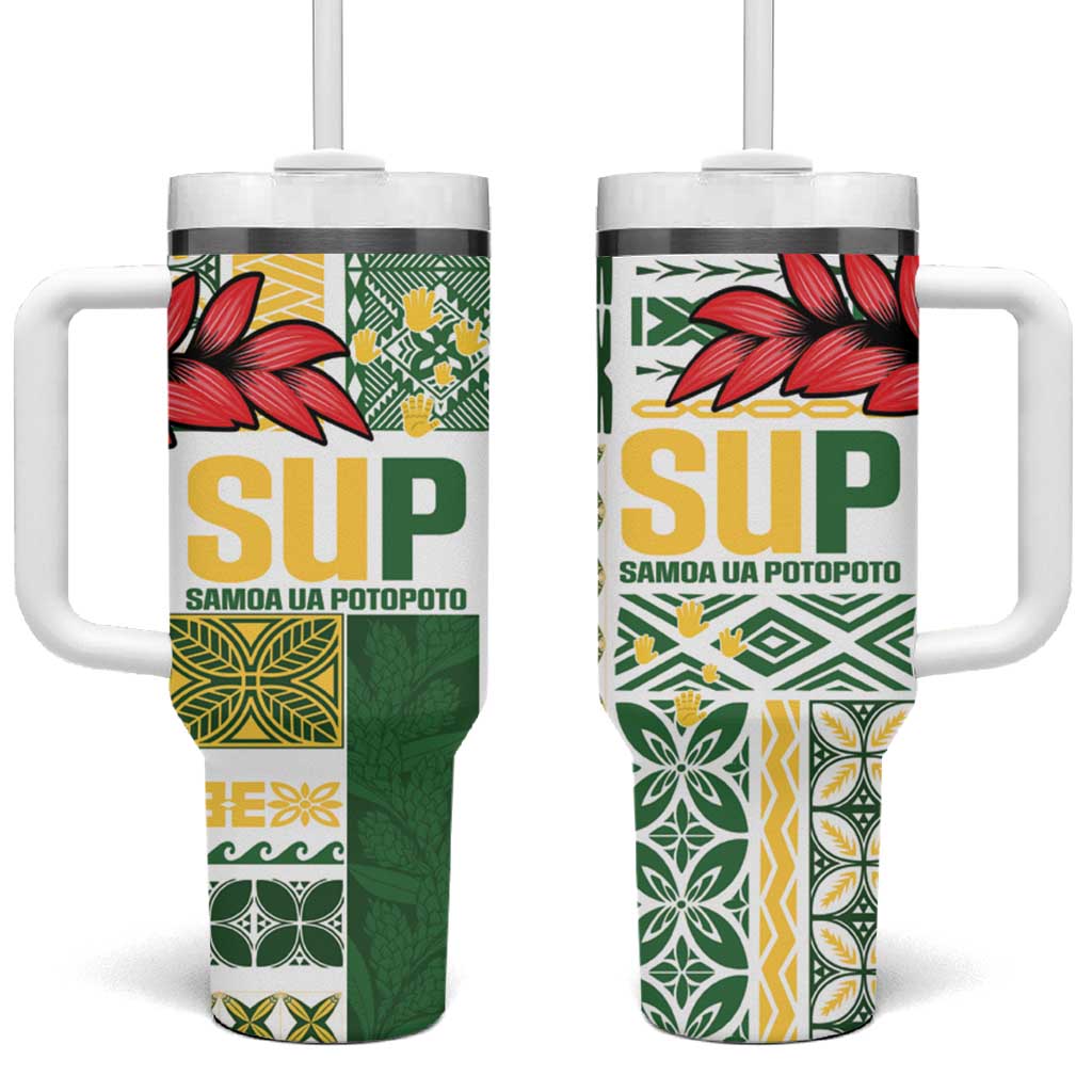 Samoa Uniting Party Tumbler With Handle SUP Est 2025 Siapo Pattern LT14 One Size: 40 oz White - Polynesian Pride