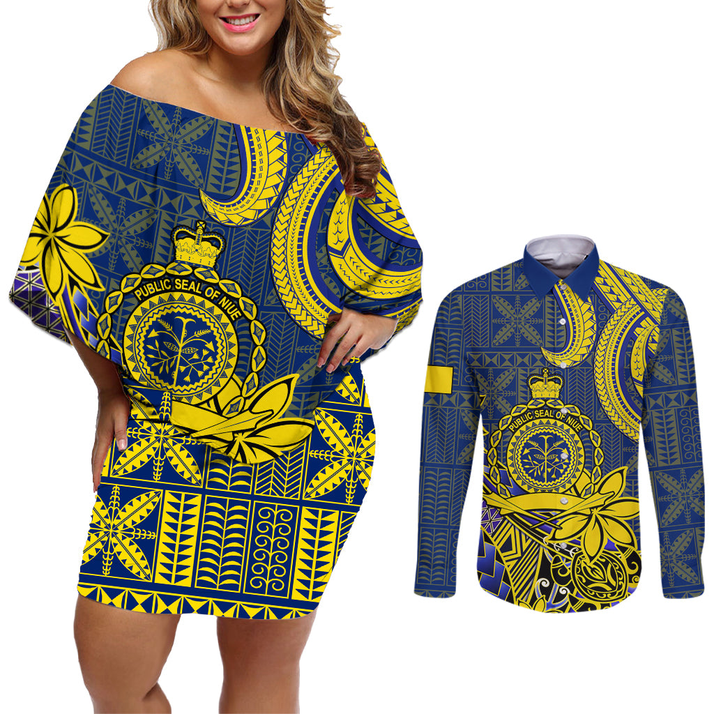 Niue Peniamina Gospel Day Couples Matching Off Shoulder Short Dress and Long Sleeve Button Shirts Unique Niean Hiapo LT14 Blue - Polynesian Pride