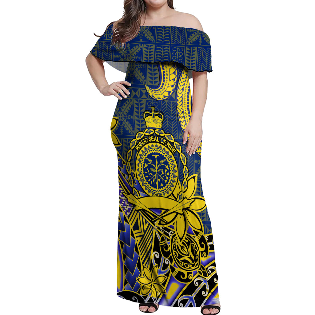 Niue Peniamina Gospel Day Off Shoulder Maxi Dress Unique Niean Hiapo LT14 Women Blue - Polynesian Pride