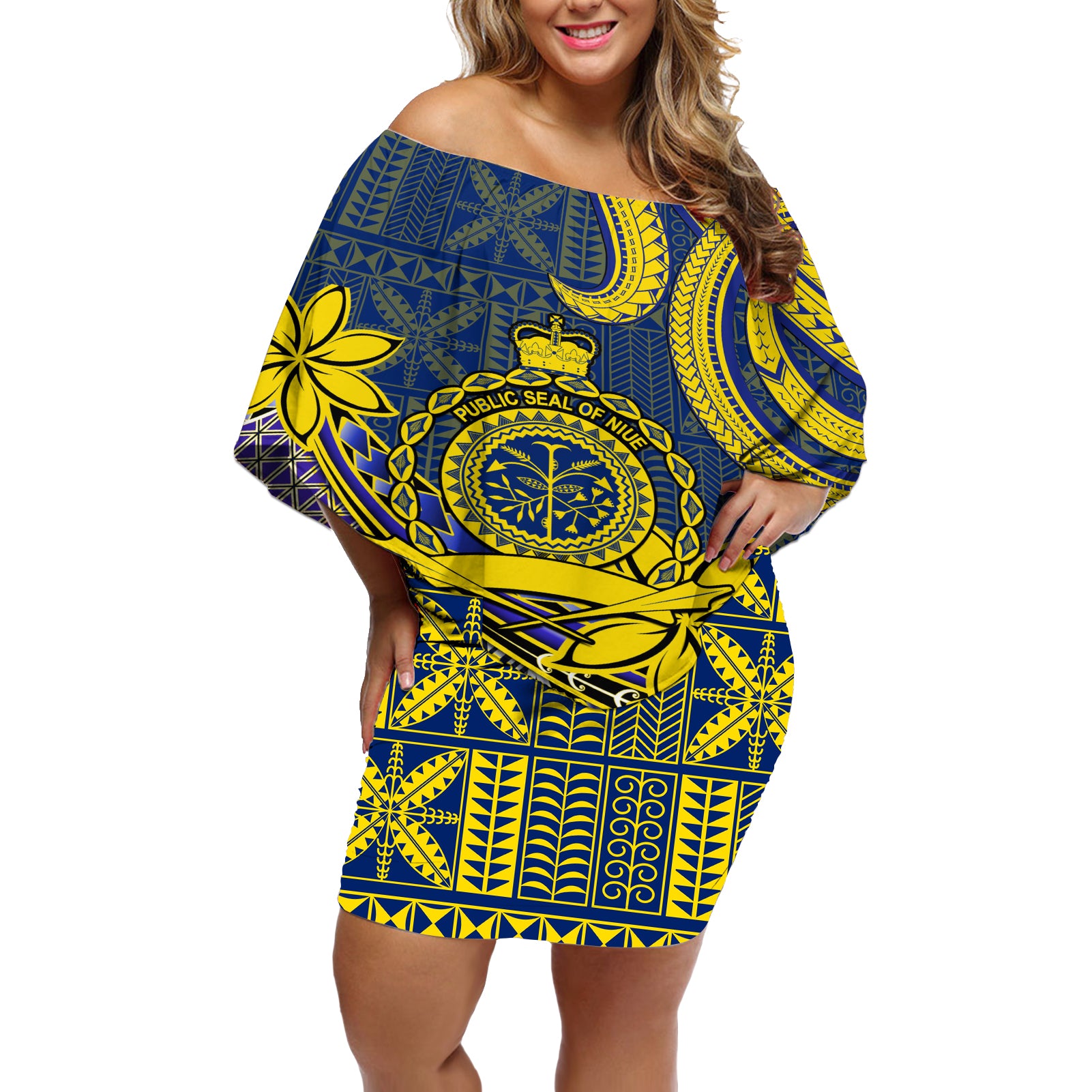 Niue Peniamina Gospel Day Off Shoulder Short Dress Unique Niean Hiapo LT14 Women Blue - Polynesian Pride