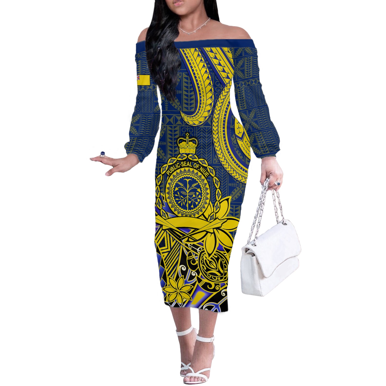 Niue Peniamina Gospel Day Off The Shoulder Long Sleeve Dress Unique Niean Hiapo LT14 Women Blue - Polynesian Pride