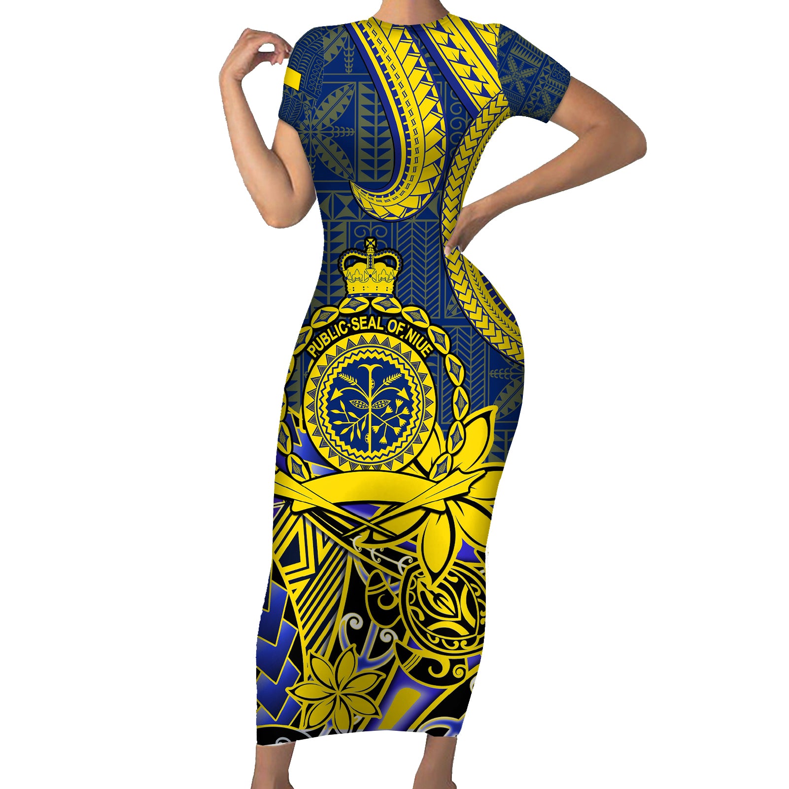 Niue Peniamina Gospel Day Short Sleeve Bodycon Dress Unique Niean Hiapo LT14 Long Dress Blue - Polynesian Pride