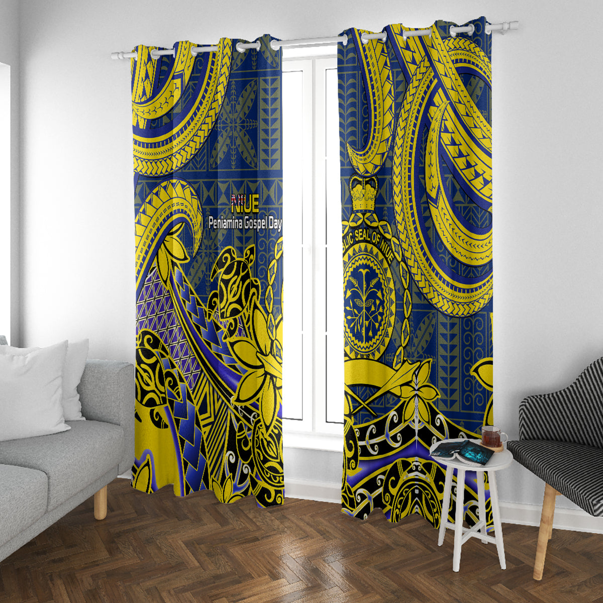 Niue Peniamina Gospel Day Window Curtain Unique Niean Hiapo LT14 With Grommets Blue - Polynesian Pride