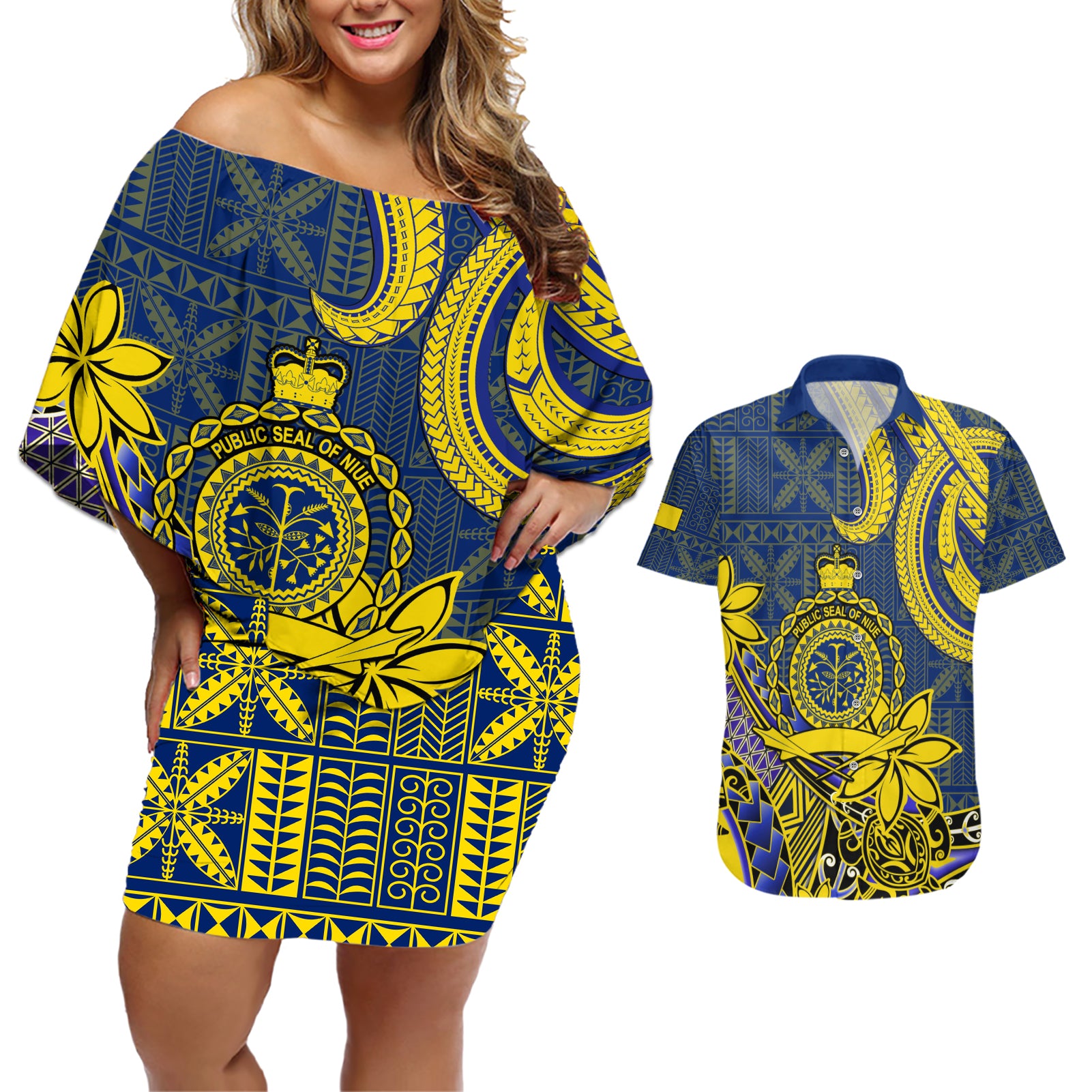 Personalised Niue Peniamina Gospel Day Couples Matching Off Shoulder Short Dress and Hawaiian Shirt Unique Niean Hiapo LT14 Blue - Polynesian Pride