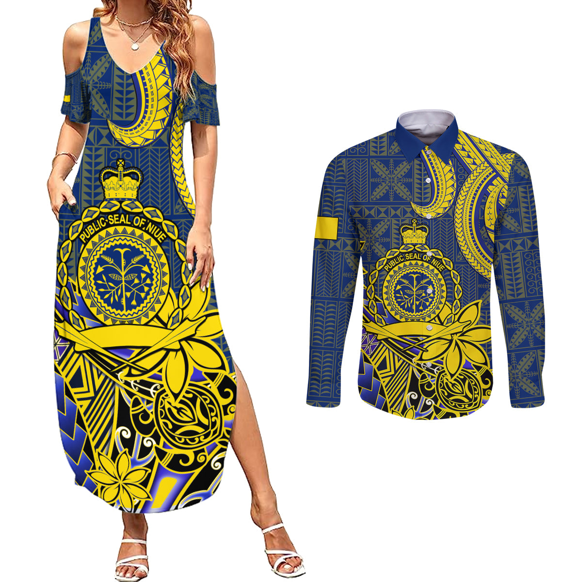 Personalised Niue Peniamina Gospel Day Couples Matching Summer Maxi Dress and Long Sleeve Button Shirts Unique Niean Hiapo LT14 Blue - Polynesian Pride