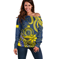 Personalised Niue Peniamina Gospel Day Off Shoulder Sweater Unique Niean Hiapo LT14 Women Blue - Polynesian Pride