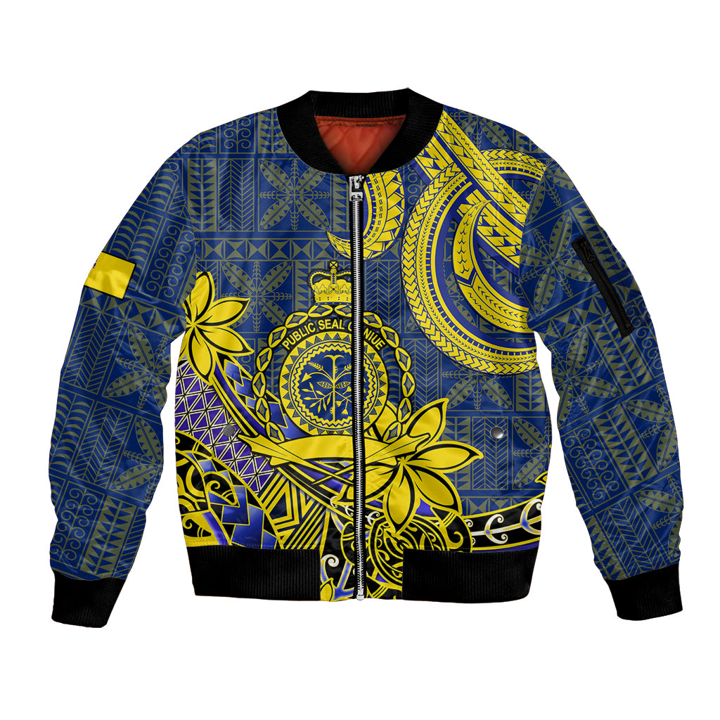 Personalised Niue Peniamina Gospel Day Sleeve Zip Bomber Jacket Unique Niean Hiapo LT14 Unisex Blue - Polynesian Pride