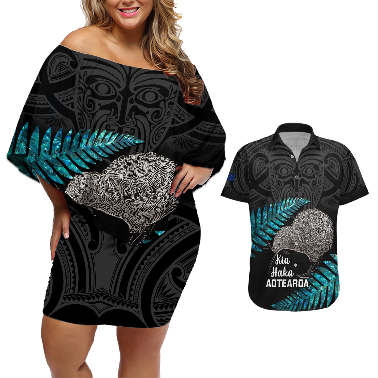 Custom New Zealand Silver Fern Rugby Couples Matching Off Shoulder Short Dress and Hawaiian Shirt Pacific 2023 Kia Haka Kiwis With Maori Ta Moko LT14 Black - Polynesian Pride