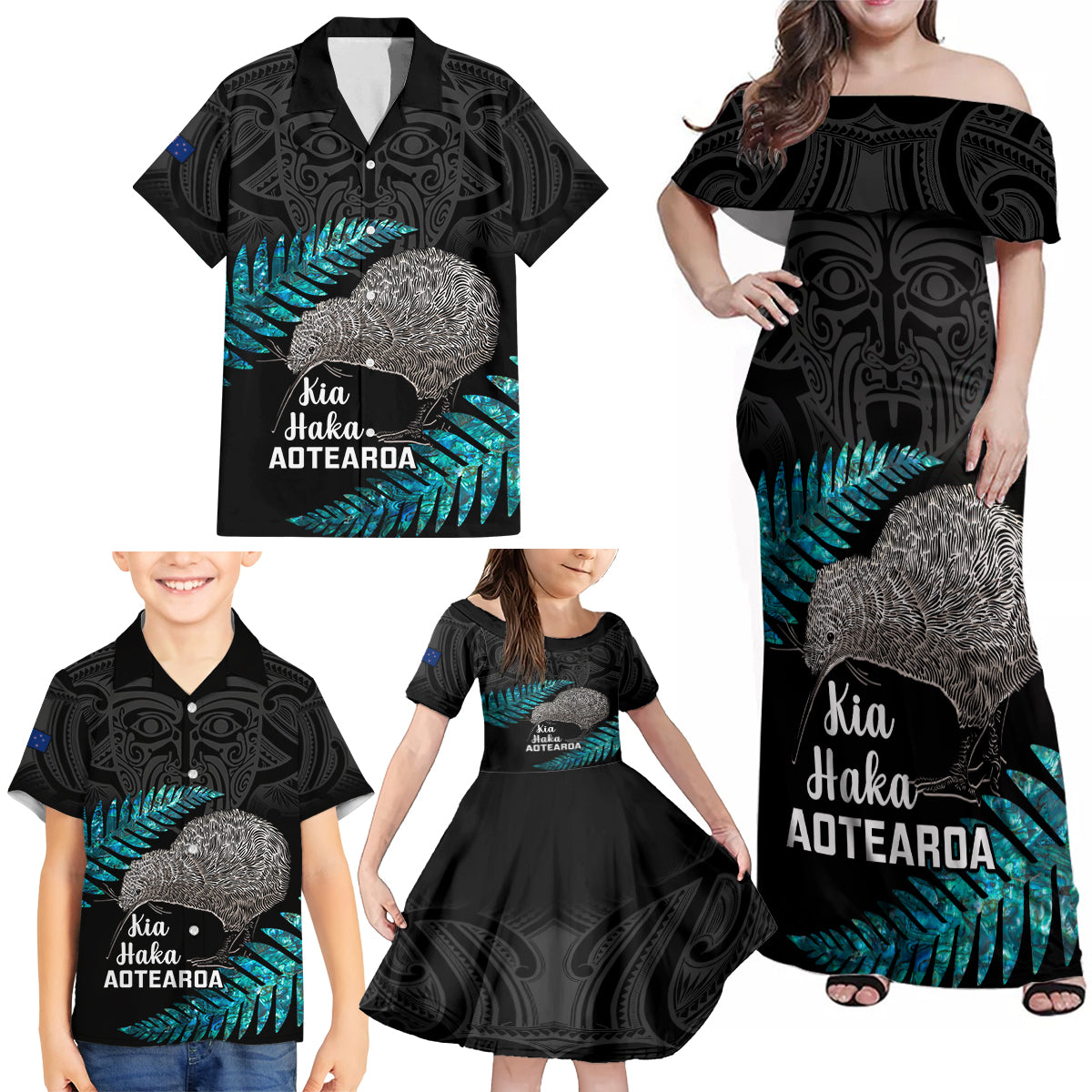 Custom New Zealand Silver Fern Rugby Family Matching Off Shoulder Maxi Dress and Hawaiian Shirt Pacific 2023 Kia Haka Kiwis With Maori Ta Moko LT14 - Polynesian Pride