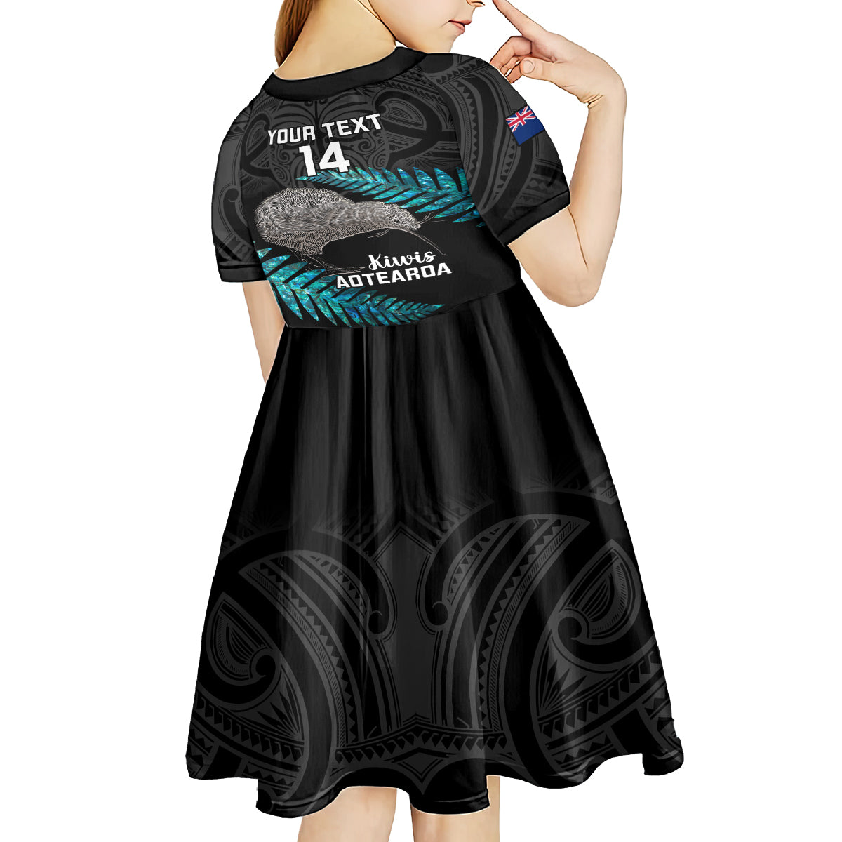 Custom New Zealand Silver Fern Rugby Kid Short Sleeve Dress Pacific 2023 Kia Haka Kiwis With Maori Ta Moko LT14 - Polynesian Pride