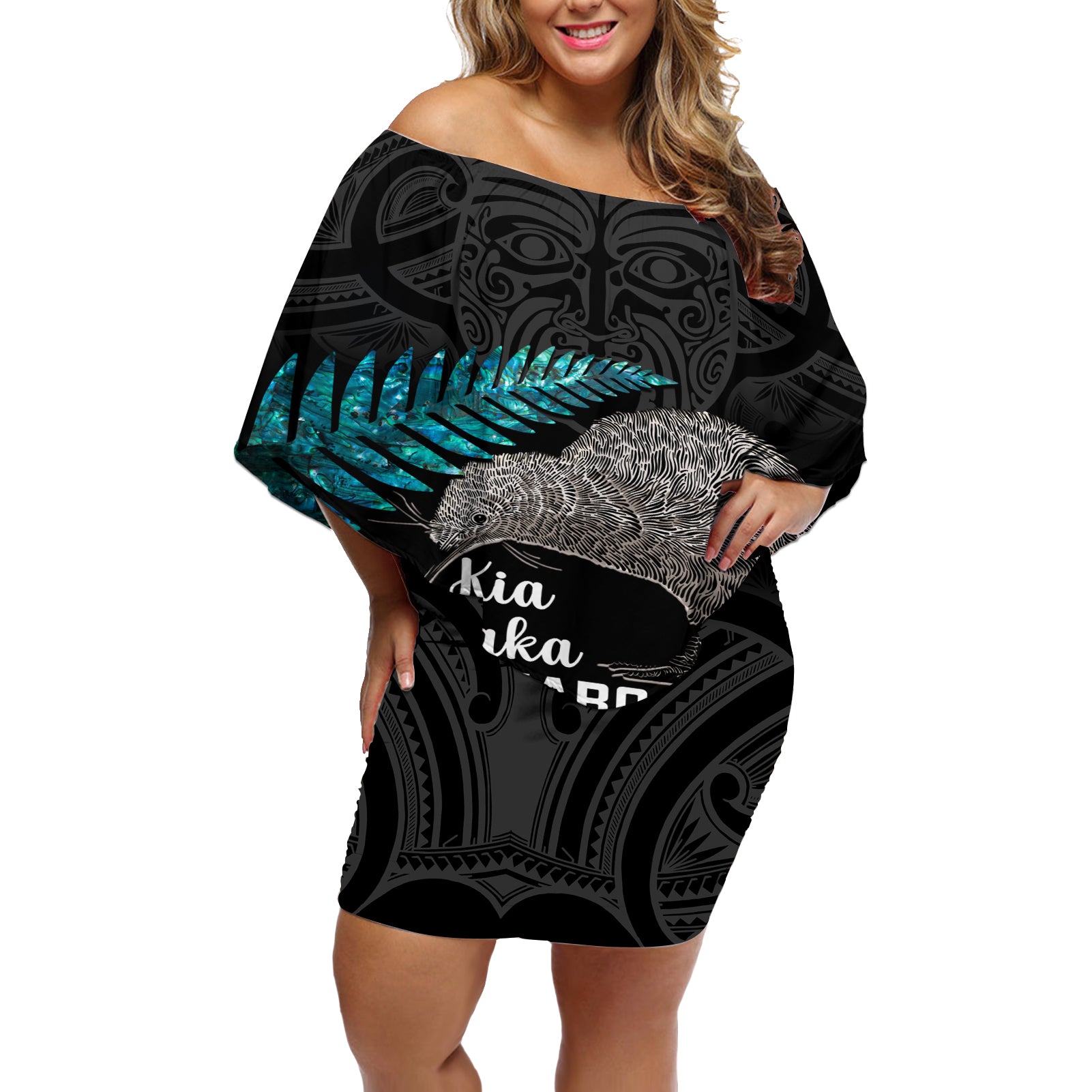 Custom New Zealand Silver Fern Rugby Off Shoulder Short Dress Pacific 2023 Kia Haka Kiwis With Maori Ta Moko LT14 Women Black - Polynesian Pride