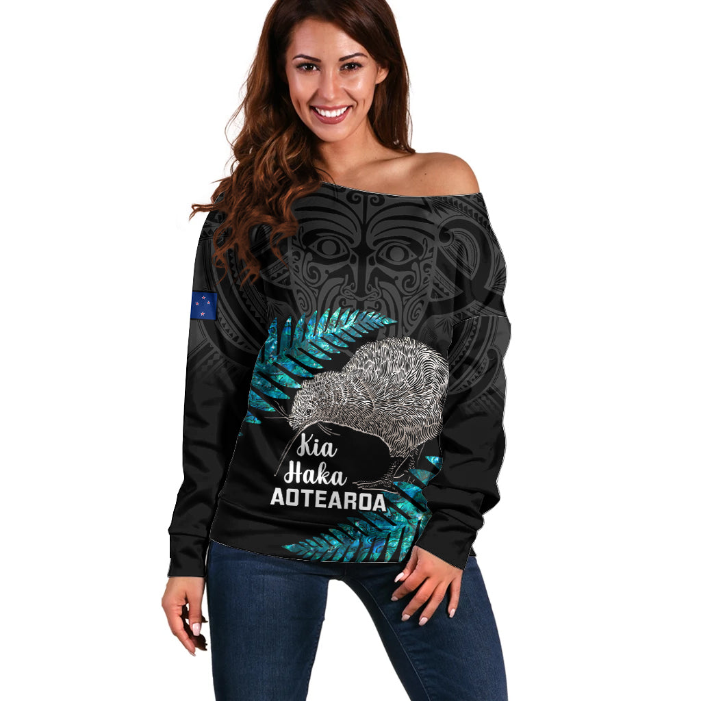 Custom New Zealand Silver Fern Rugby Off Shoulder Sweater Pacific 2023 Kia Haka Kiwis With Maori Ta Moko LT14 Women Black - Polynesian Pride