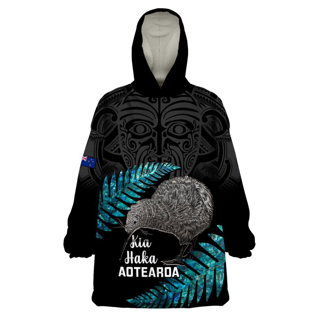 Custom New Zealand Silver Fern Rugby Wearable Blanket Hoodie Pacific 2023 Kia Haka Kiwis With Maori Ta Moko LT14 One Size Black - Polynesian Pride