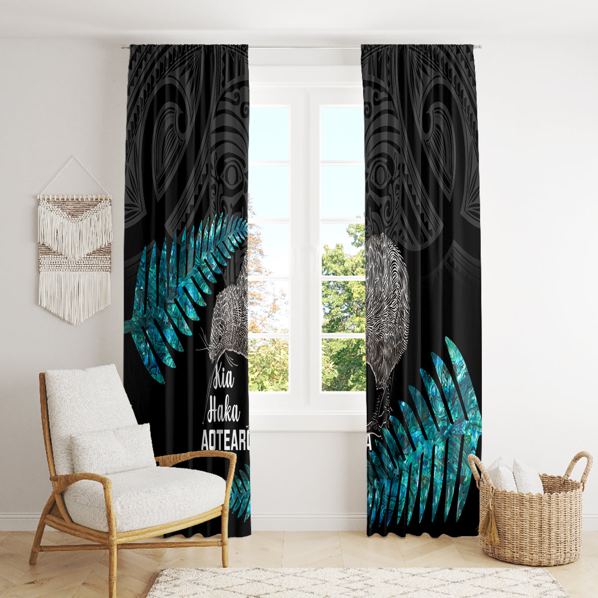New Zealand Silver Fern Rugby Window Curtain Pacific 2023 Kia Haka Kiwis With Maori Ta Moko LT14 - Polynesian Pride