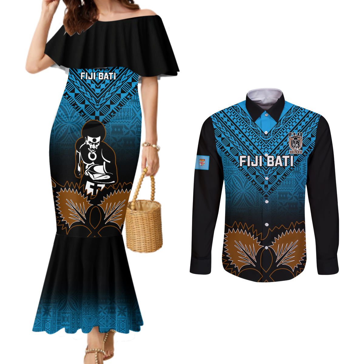 Custom Fiji Tapa Rugby Couples Matching Mermaid Dress and Long Sleeve Button Shirts Pacific 2023 Go Fijian Bati LT14 Blue - Polynesian Pride