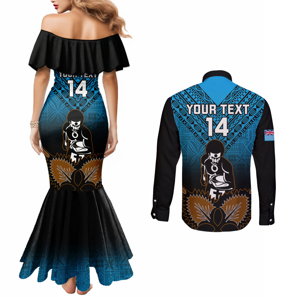Custom Fiji Tapa Rugby Couples Matching Mermaid Dress and Long Sleeve Button Shirts Pacific 2023 Go Fijian Bati LT14 - Polynesian Pride