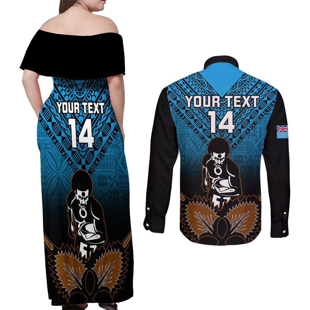 Custom Fiji Tapa Rugby Couples Matching Off Shoulder Maxi Dress and Long Sleeve Button Shirts Pacific 2023 Go Fijian Bati LT14 - Polynesian Pride