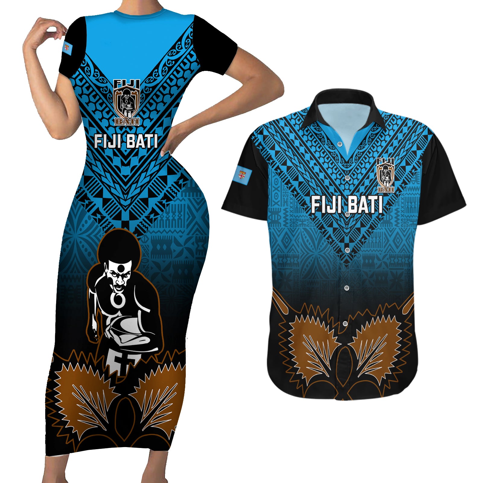 Custom Fiji Tapa Rugby Couples Matching Short Sleeve Bodycon Dress and Hawaiian Shirt Pacific 2023 Go Fijian Bati LT14 Blue - Polynesian Pride