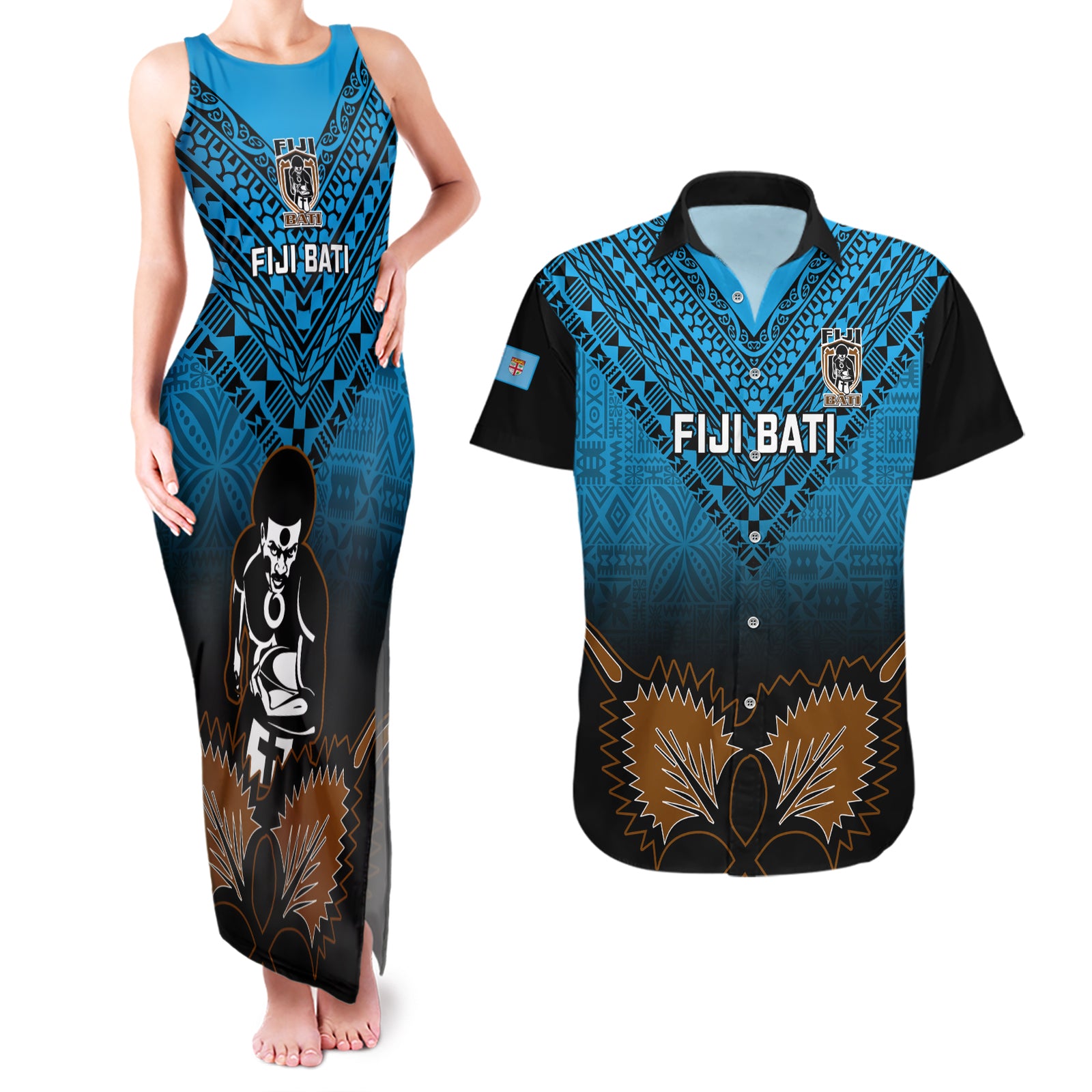 Custom Fiji Tapa Rugby Couples Matching Tank Maxi Dress and Hawaiian Shirt Pacific 2023 Go Fijian Bati LT14 Blue - Polynesian Pride
