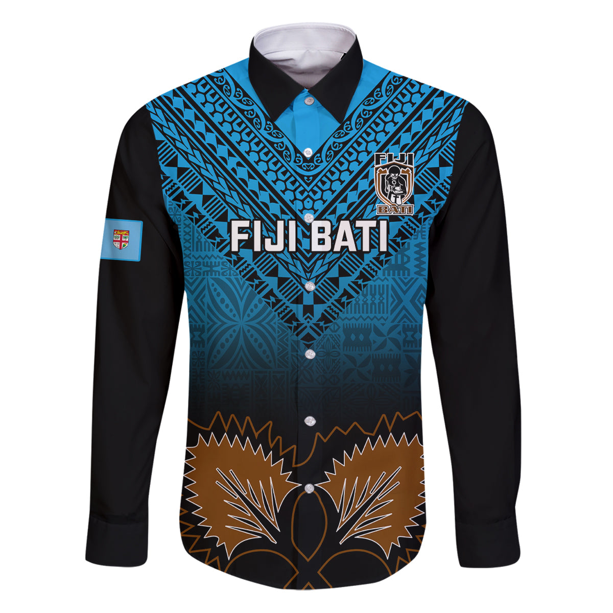 Custom Fiji Tapa Rugby Family Matching Puletasi Dress and Hawaiian Shirt Pacific 2023 Go Fijian Bati LT14 Dad's Shirt - Long Sleeve Blue - Polynesian Pride