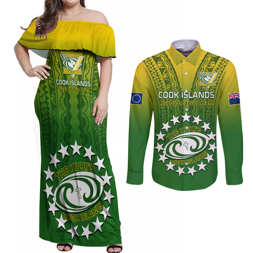 Custom Cook Islands Rugby Couples Matching Off Shoulder Maxi Dress and Long Sleeve Button Shirts Pacific 2023 Go The Kukis LT14 Green - Polynesian Pride