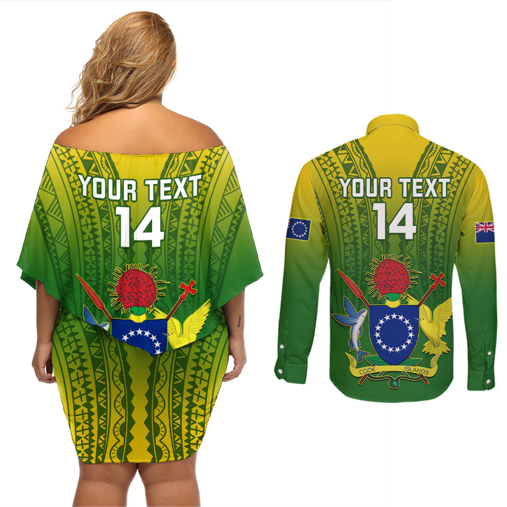 Custom Cook Islands Rugby Couples Matching Off Shoulder Short Dress and Long Sleeve Button Shirts Pacific 2023 Go The Kukis LT14 - Polynesian Pride
