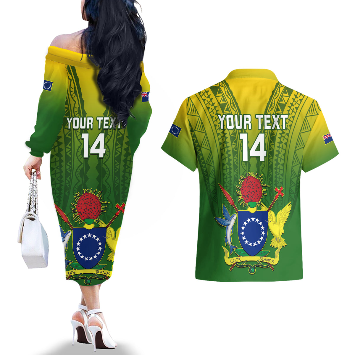 Custom Cook Islands Rugby Couples Matching Off The Shoulder Long Sleeve Dress and Hawaiian Shirt Pacific 2023 Go The Kukis LT14 - Polynesian Pride