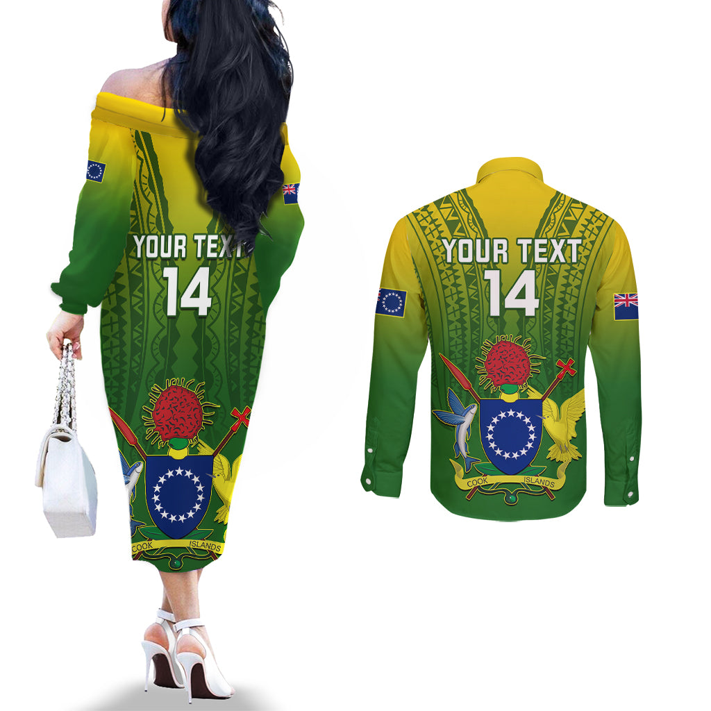 Custom Cook Islands Rugby Couples Matching Off The Shoulder Long Sleeve Dress and Long Sleeve Button Shirts Pacific 2023 Go The Kukis LT14 - Polynesian Pride