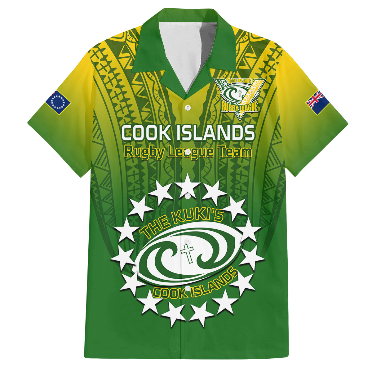 Custom Cook Islands Rugby Family Matching Off Shoulder Maxi Dress and Hawaiian Shirt Pacific 2023 Go The Kukis LT14 Dad's Shirt - Short Sleeve Green - Polynesian Pride