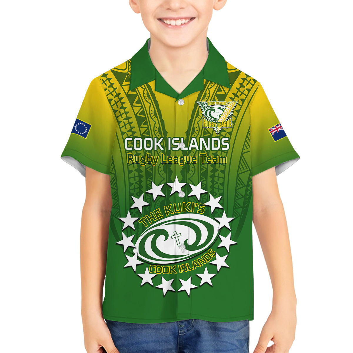 Custom Cook Islands Rugby Family Matching Off Shoulder Short Dress and Hawaiian Shirt Pacific 2023 Go The Kukis LT14 Son's Shirt Green - Polynesian Pride